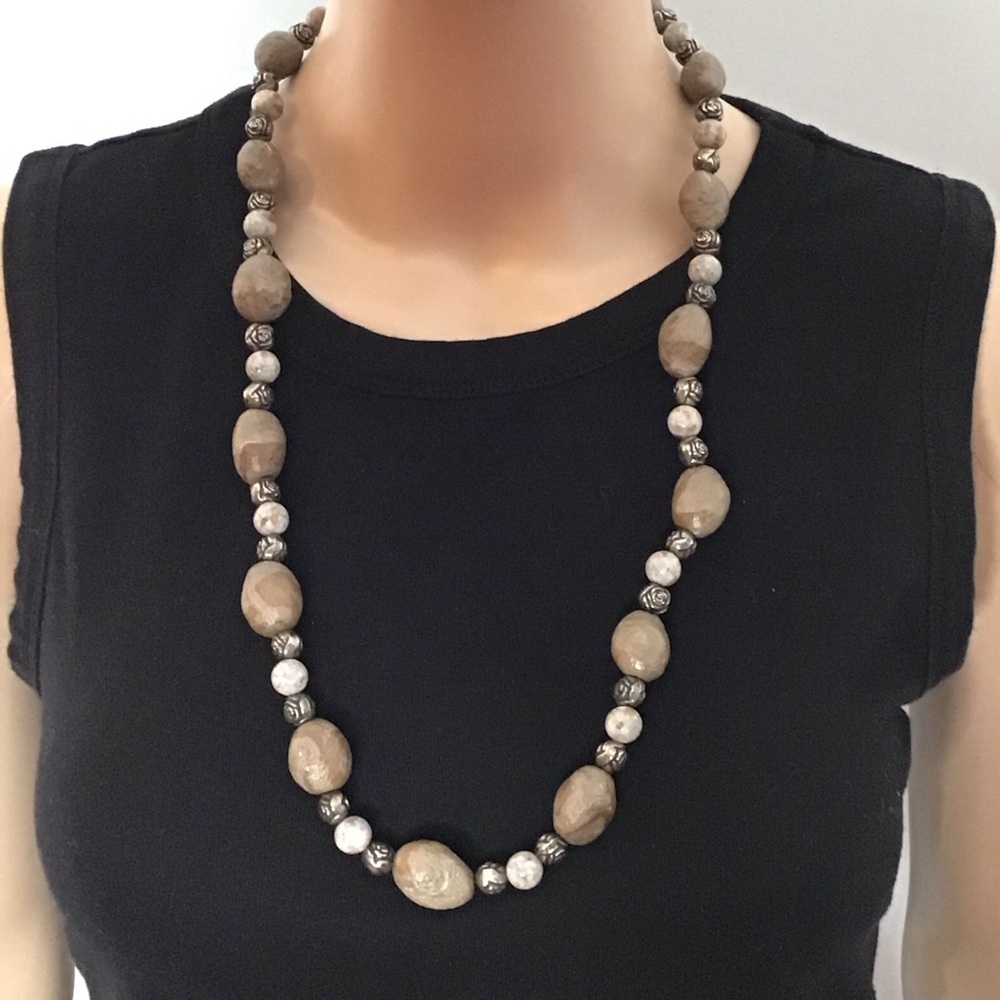 Women’s Long Necklace Tan Beige Silver - Picture 10 of 10